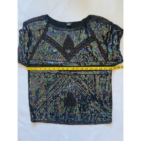Vintage Silk SequinTop Black Iridescent Short Sleeve Blouse Party Art Deco NYE - Picture 3 of 6